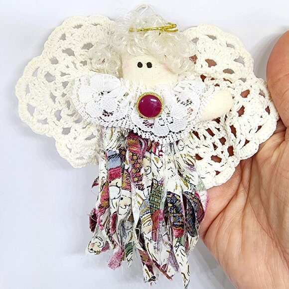 Handmade Rag Doll Dress Angel Crochet Wings Gift Christmas Holiday Ornament - Picture 3 of 5